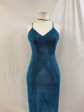 B Darlin Teal Shimmer Midi Slip Dress with Spaghetti Straps
